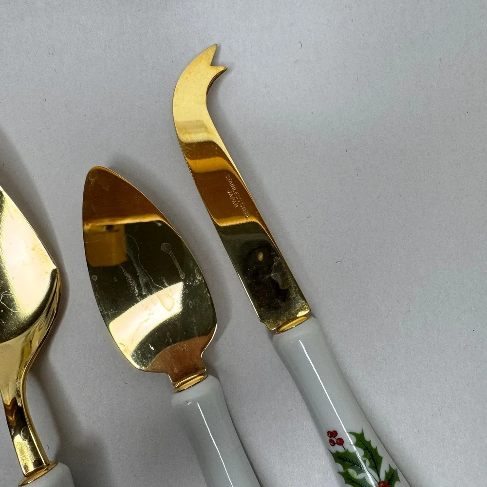 Vtg Christmas Holly Gold Cheese Knife Pie Set 4pc Stainless Steel Japan Holiday